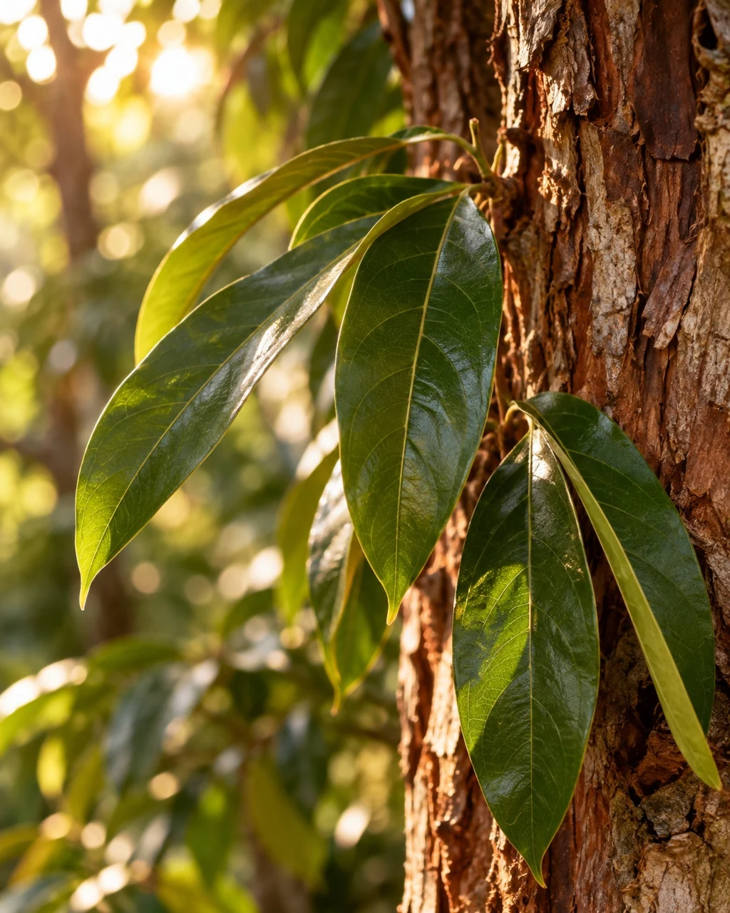 Sunlight falling across cinnamon leaves and bark